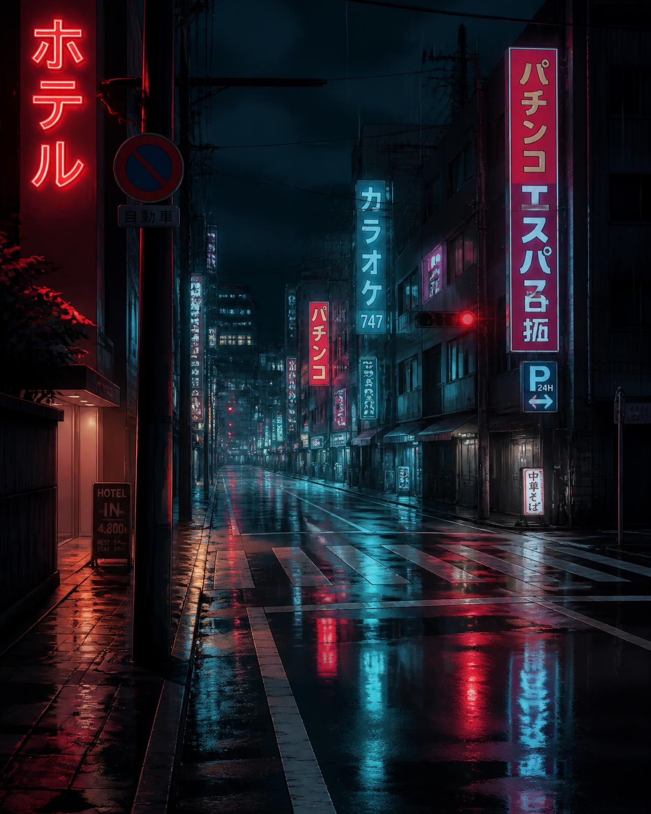 Rain-soaked neon city street